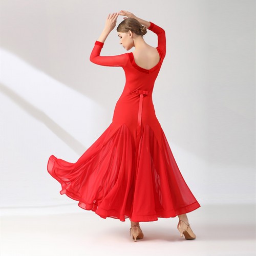 Women black dark green red ballroom dancing dresses long sleeves stage performance ballroom dance costumes waltz tango ballroom dance dresses
